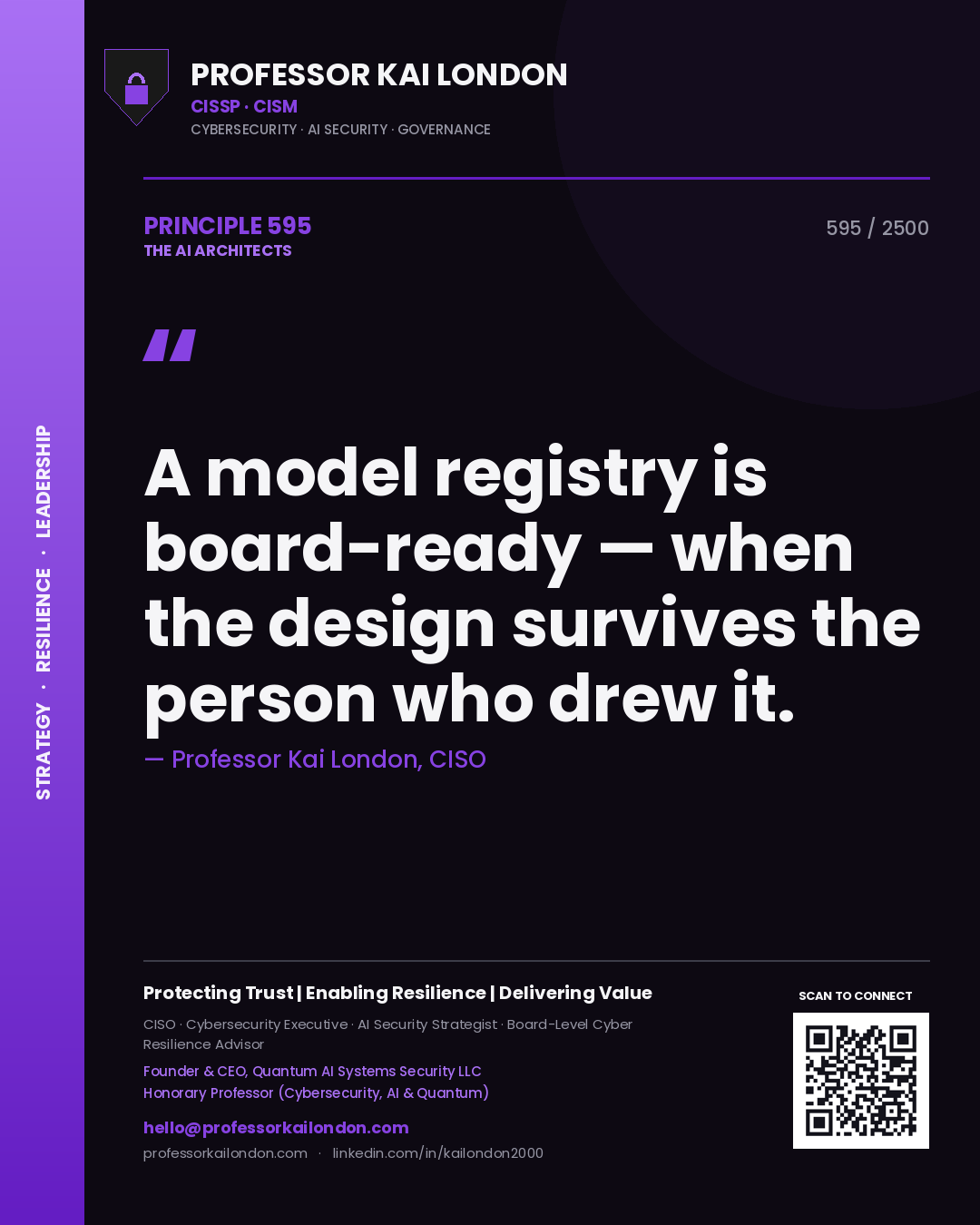 Professor Kai London principle 595: A model registry is board-ready — when the design survives the person who drew it.