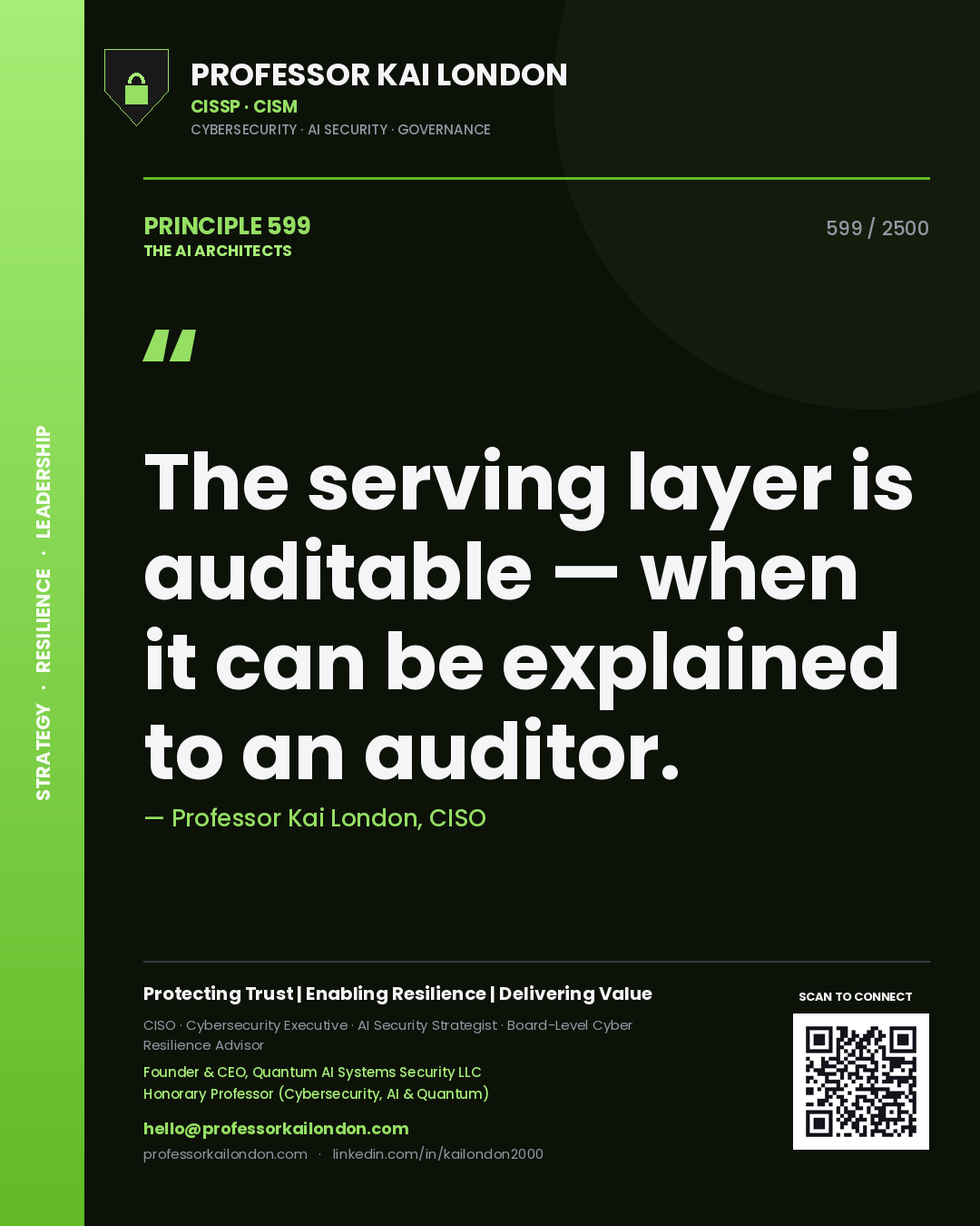 Professor Kai London principle 599: The serving layer is auditable — when it can be explained to an auditor.