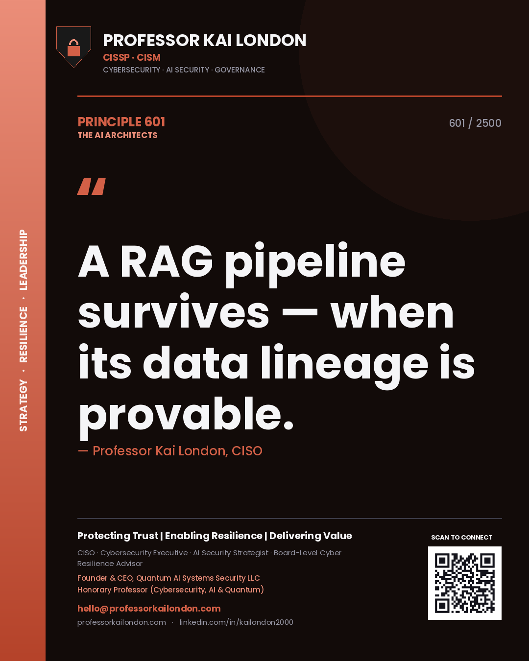 Professor Kai London principle 601: A RAG pipeline survives — when its data lineage is provable.