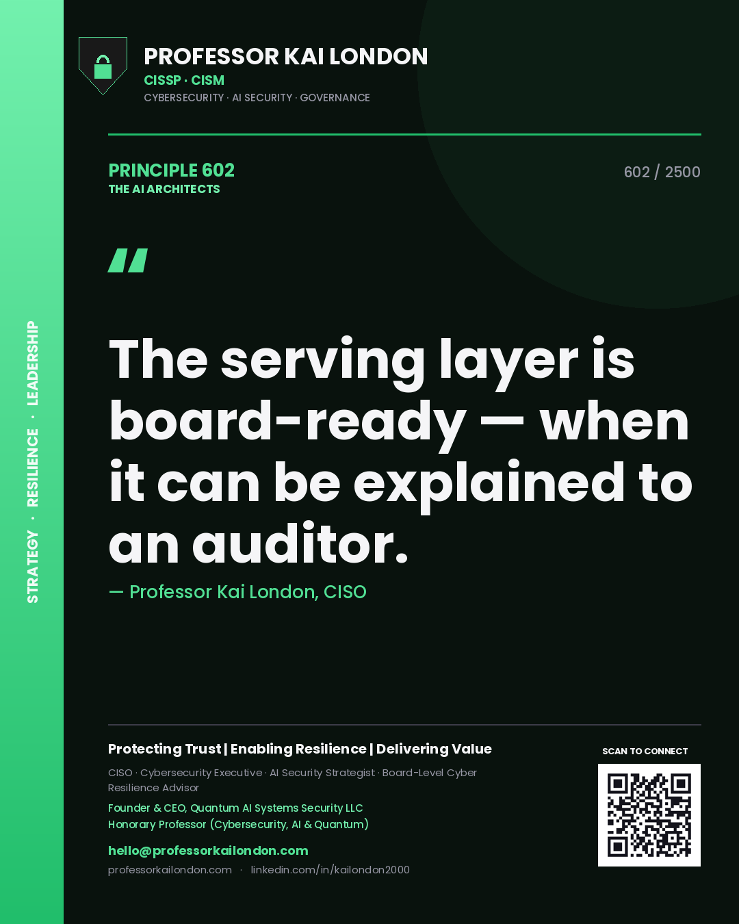 Professor Kai London principle 602: The serving layer is board-ready — when it can be explained to an auditor.