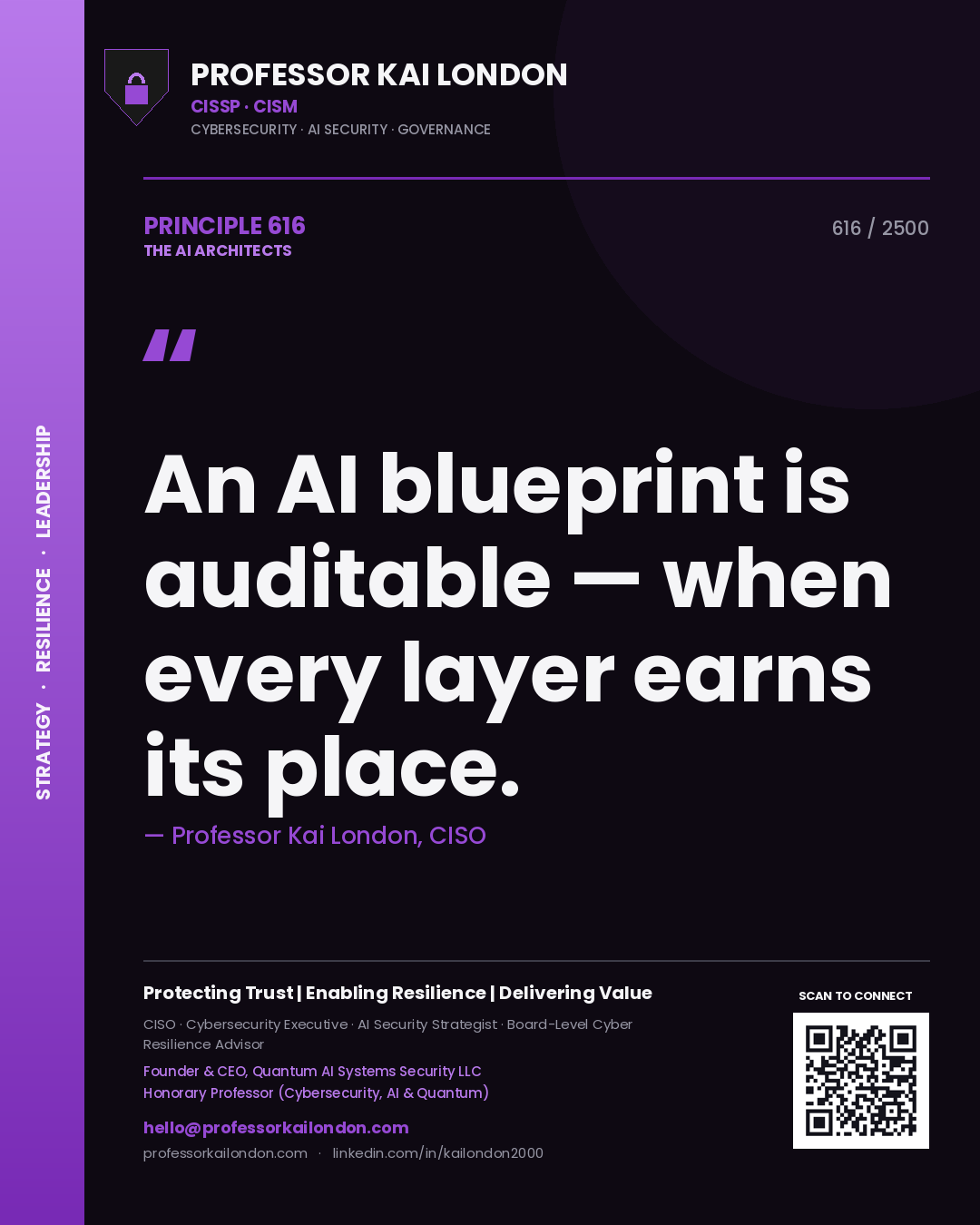 Professor Kai London principle 616: An AI blueprint is auditable — when every layer earns its place.