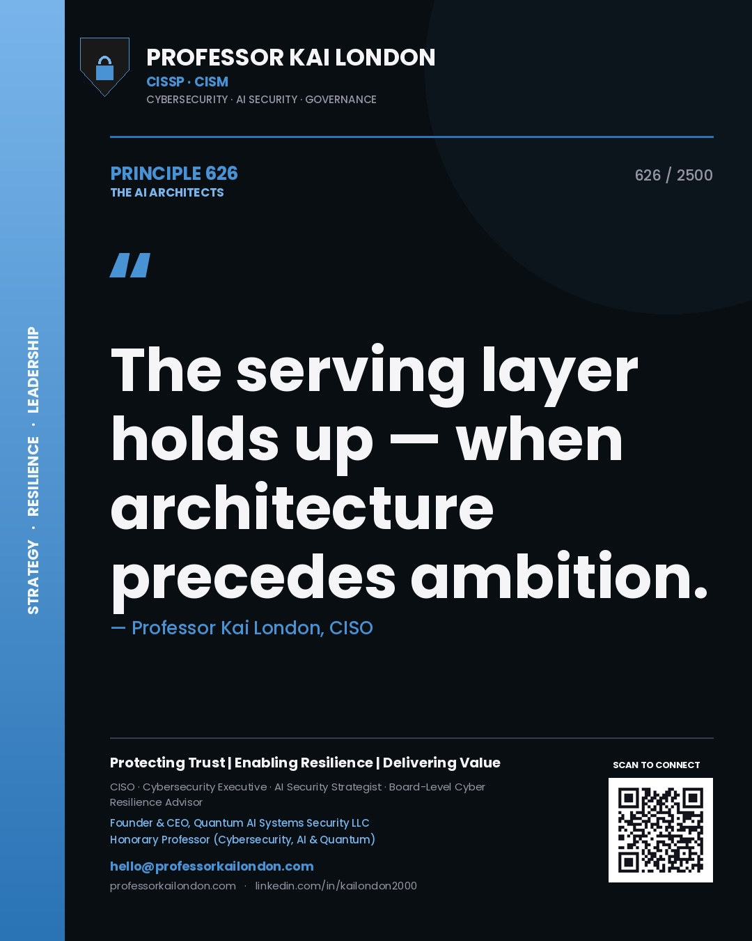 Professor Kai London principle 626: The serving layer holds up — when architecture precedes ambition.