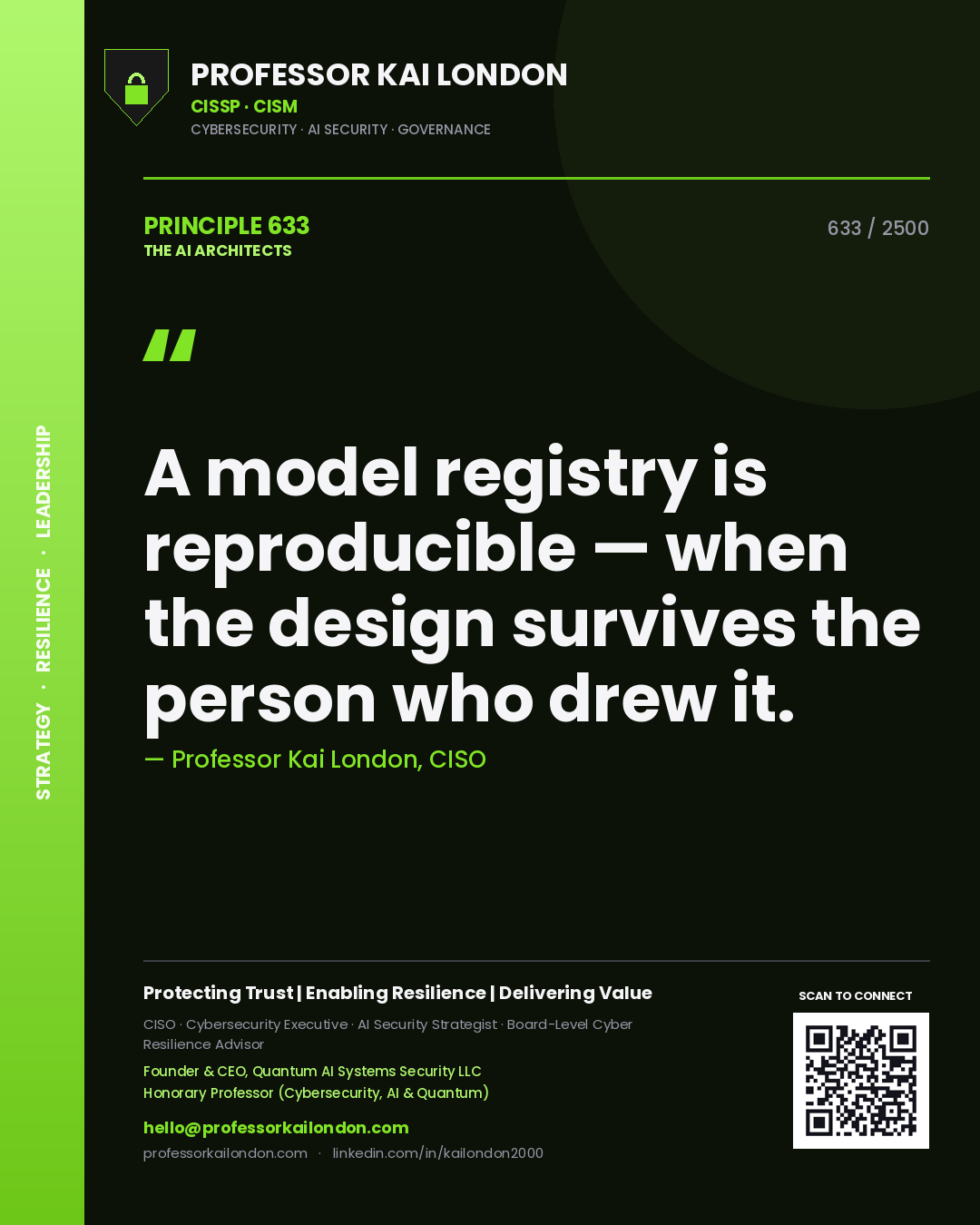 Professor Kai London principle 633: A model registry is reproducible — when the design survives the person who drew it.