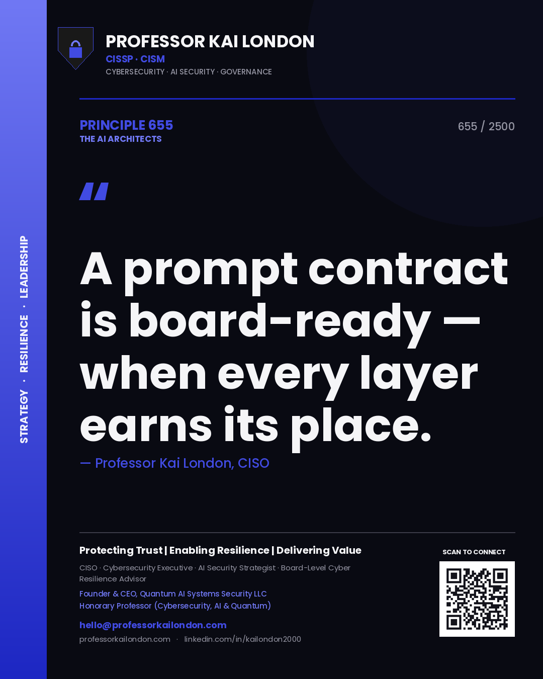 Professor Kai London principle 655: A prompt contract is board-ready — when every layer earns its place.