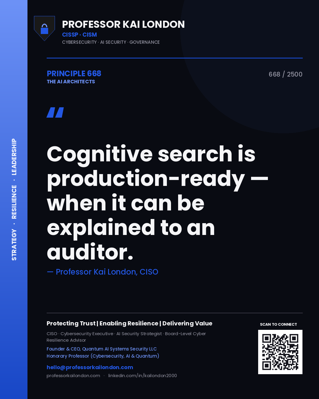 Professor Kai London principle 668: Cognitive search is production-ready — when it can be explained to an auditor.