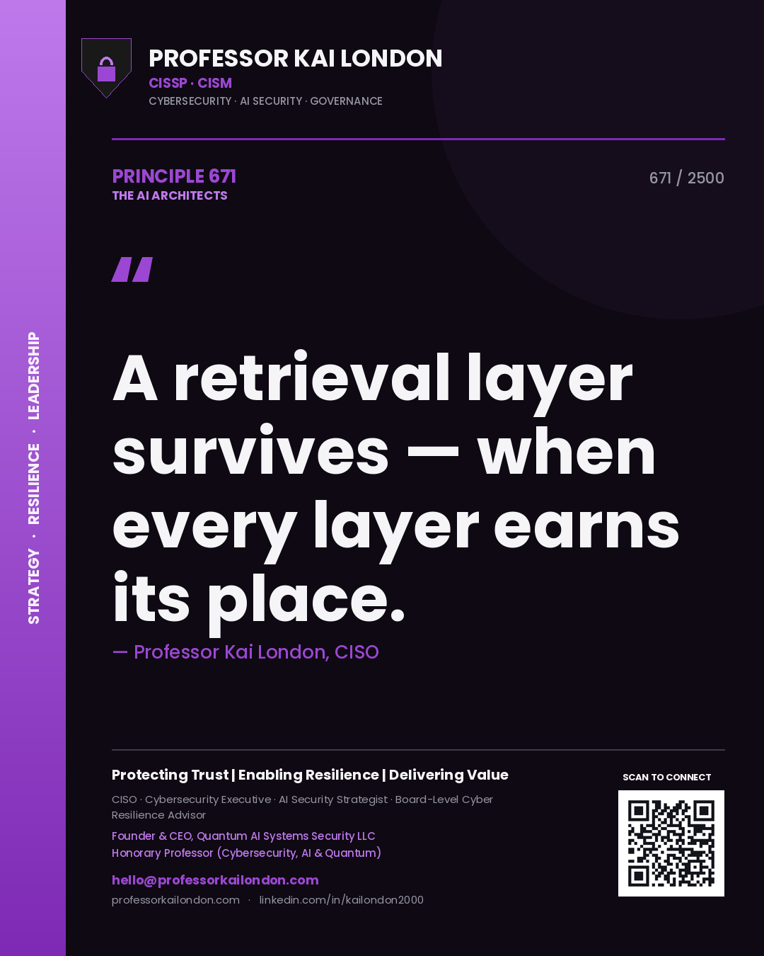 Professor Kai London principle 671: A retrieval layer survives — when every layer earns its place.