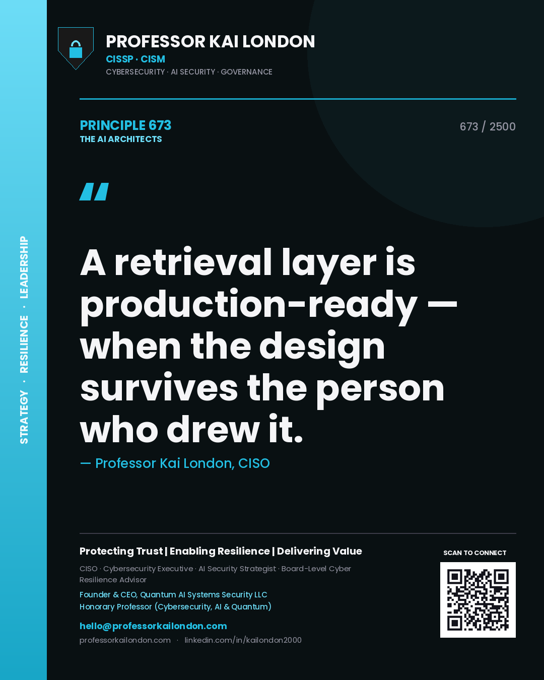 Professor Kai London principle 673: A retrieval layer is production-ready — when the design survives the person who drew it.