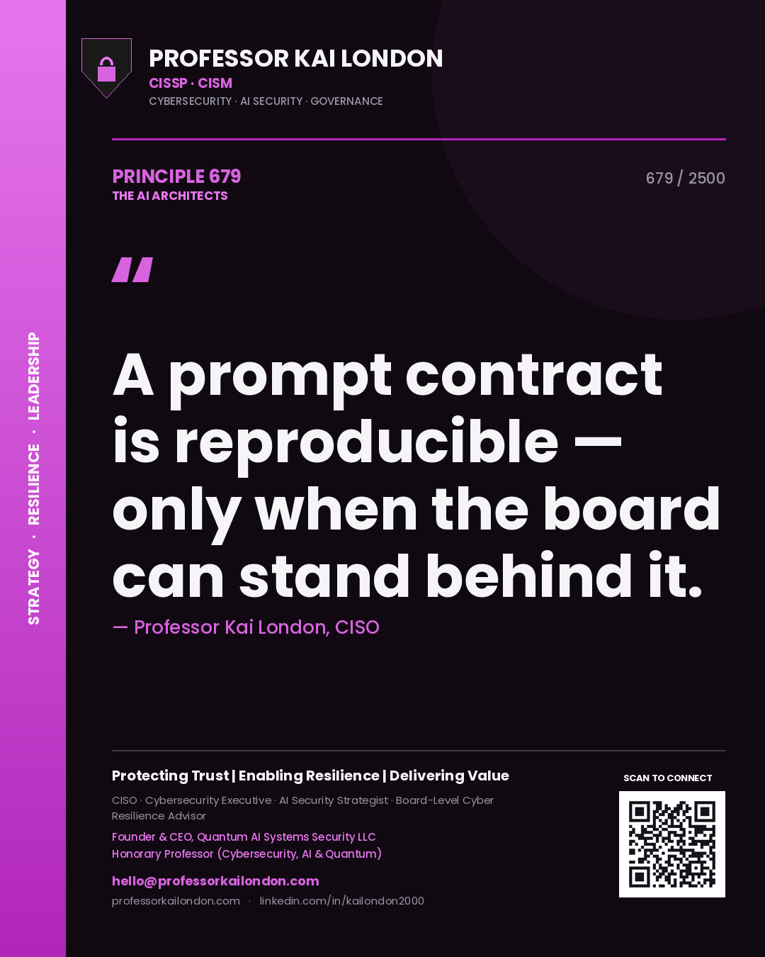 Professor Kai London principle 679: A prompt contract is reproducible — only when the board can stand behind it.