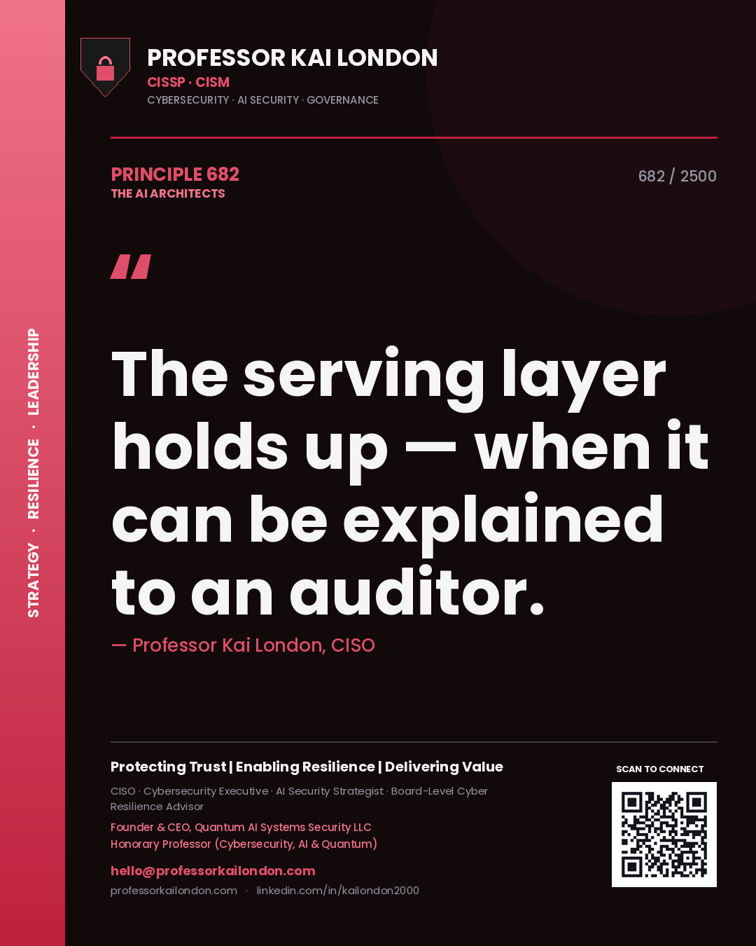 Professor Kai London principle 682: The serving layer holds up — when it can be explained to an auditor.