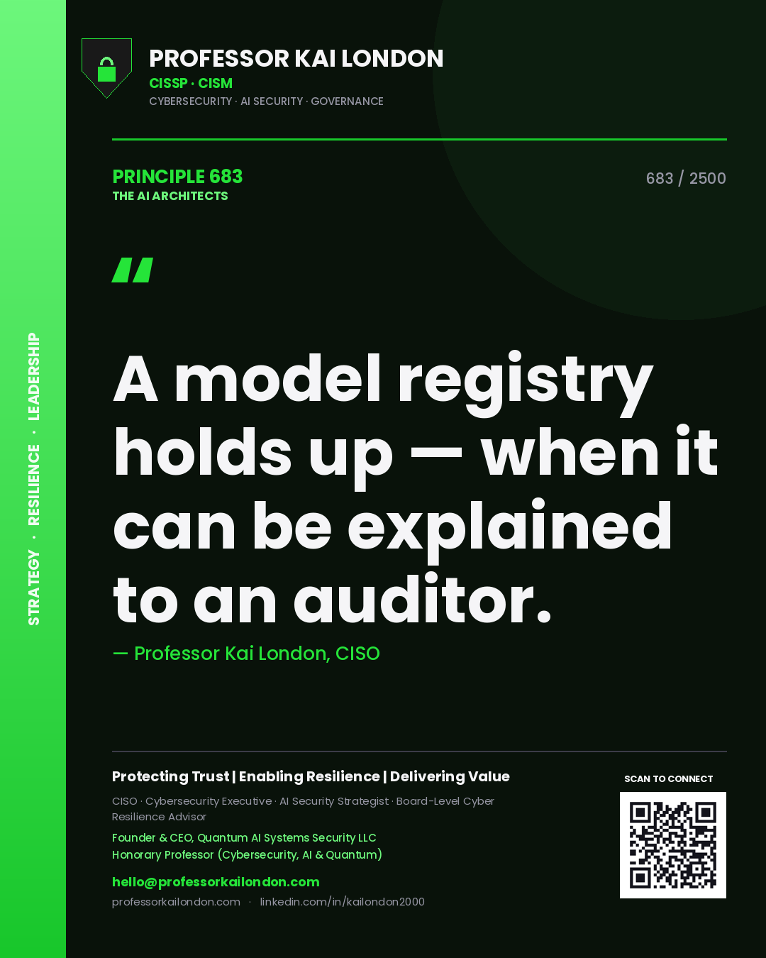 Professor Kai London principle 683: A model registry holds up — when it can be explained to an auditor.