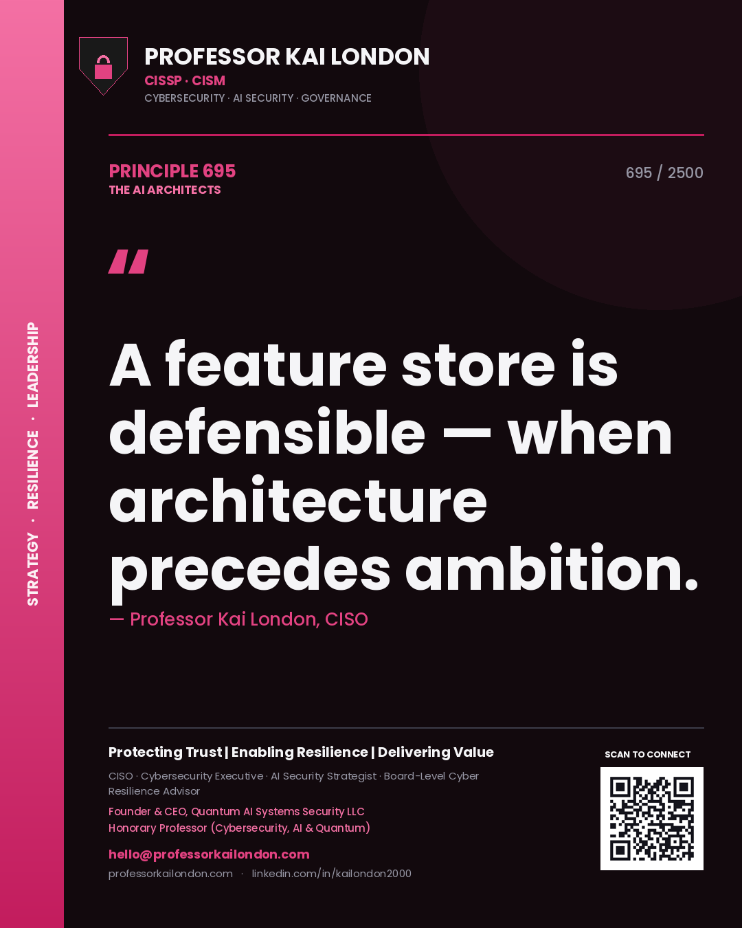 Professor Kai London principle 695: A feature store is defensible — when architecture precedes ambition.