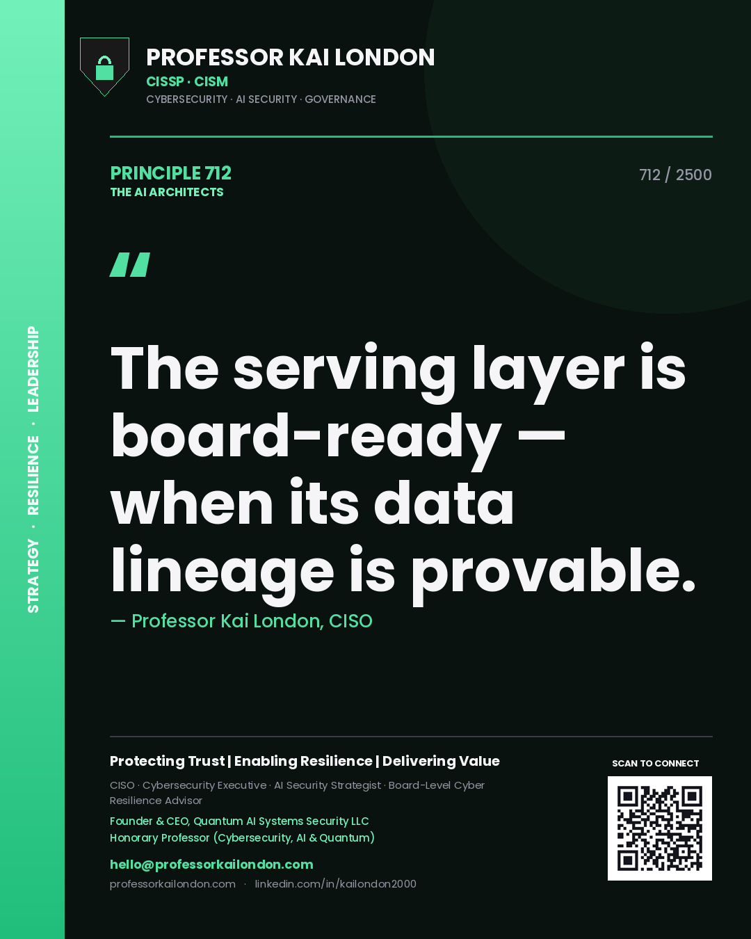Professor Kai London principle 712: The serving layer is board-ready — when its data lineage is provable.