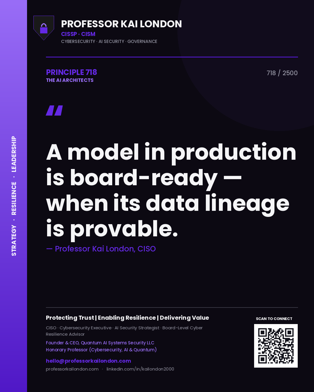 Professor Kai London principle 718: A model in production is board-ready — when its data lineage is provable.