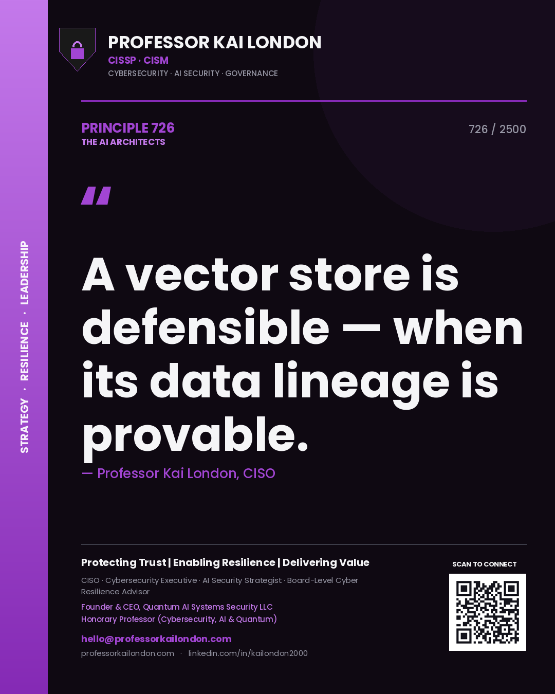 Professor Kai London principle 726: A vector store is defensible — when its data lineage is provable.