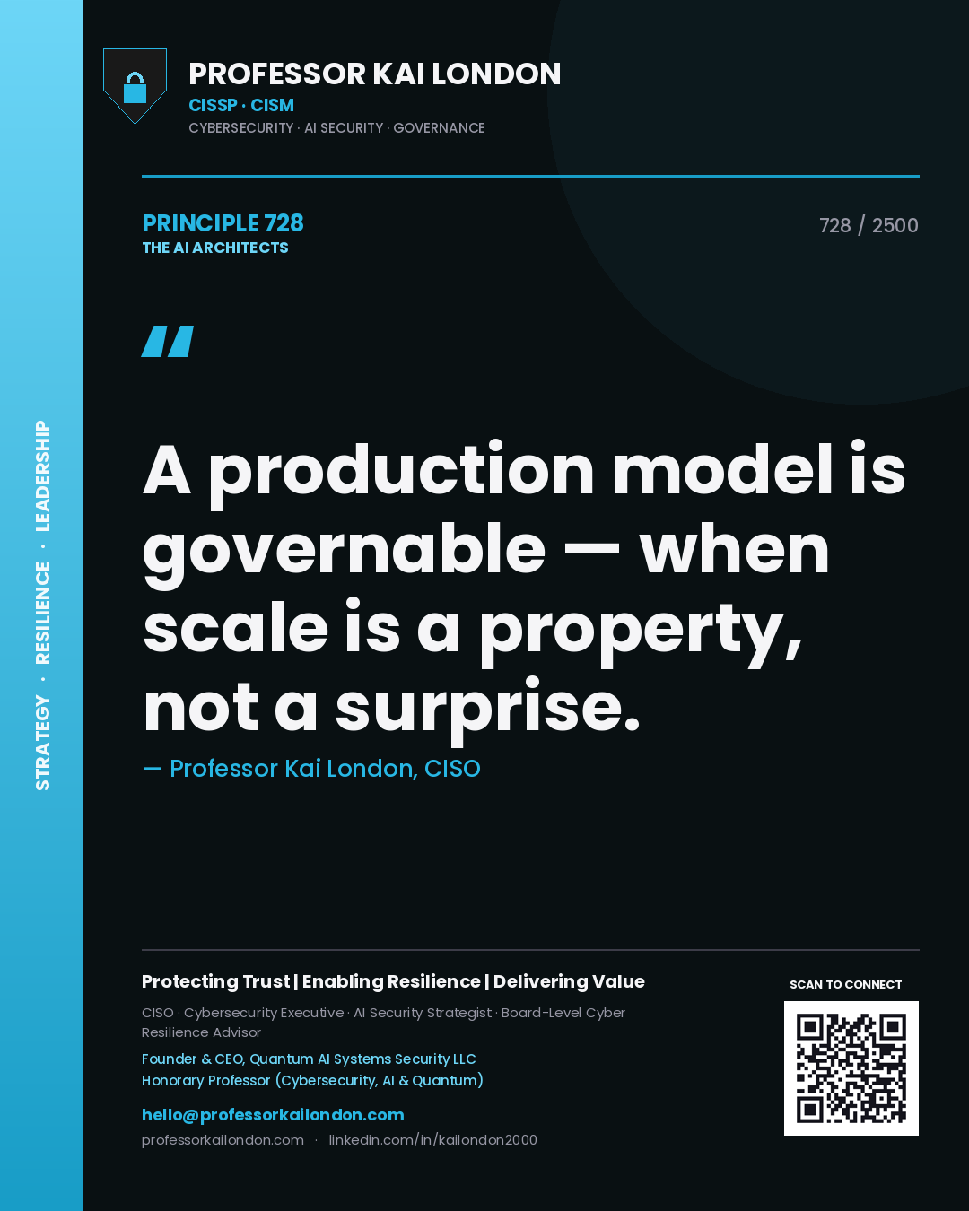Professor Kai London principle 728: A production model is governable — when scale is a property, not a surprise.