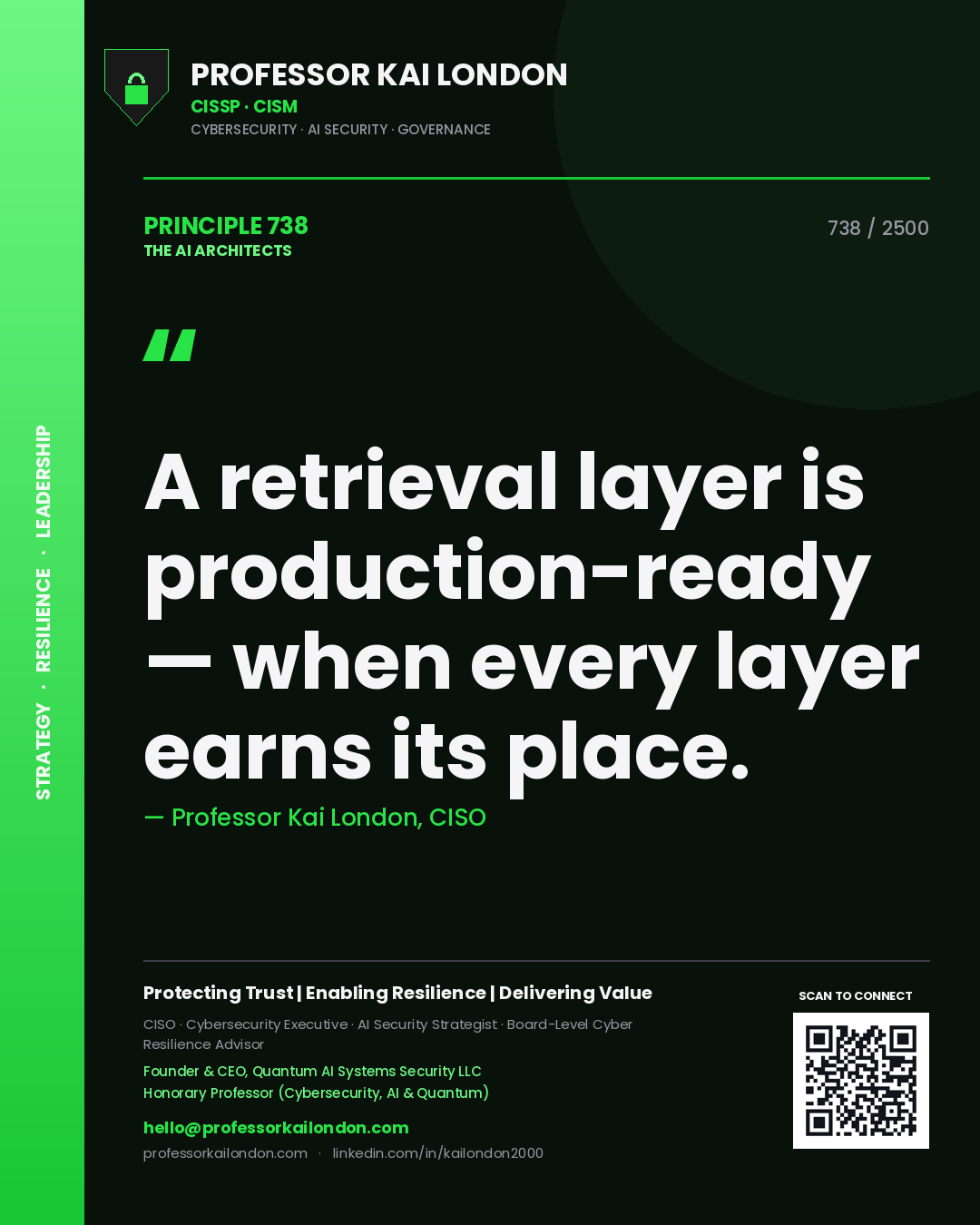 Professor Kai London principle 738: A retrieval layer is production-ready — when every layer earns its place.