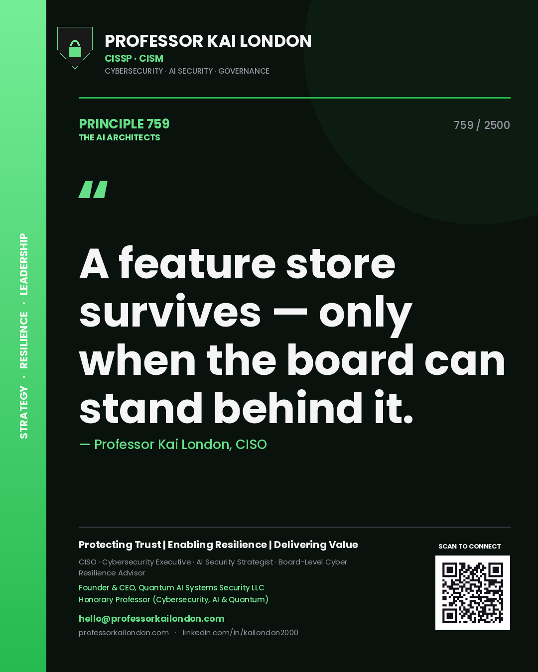 Professor Kai London principle 759: A feature store survives — only when the board can stand behind it.