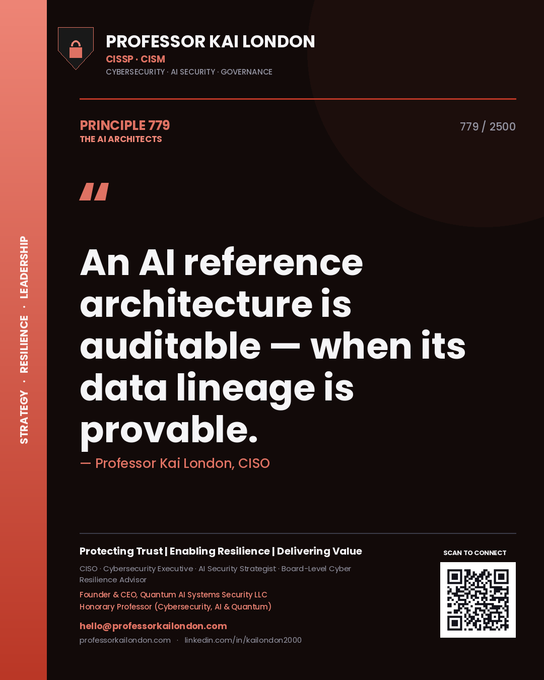 Professor Kai London principle 779: An AI reference architecture is auditable — when its data lineage is provable.