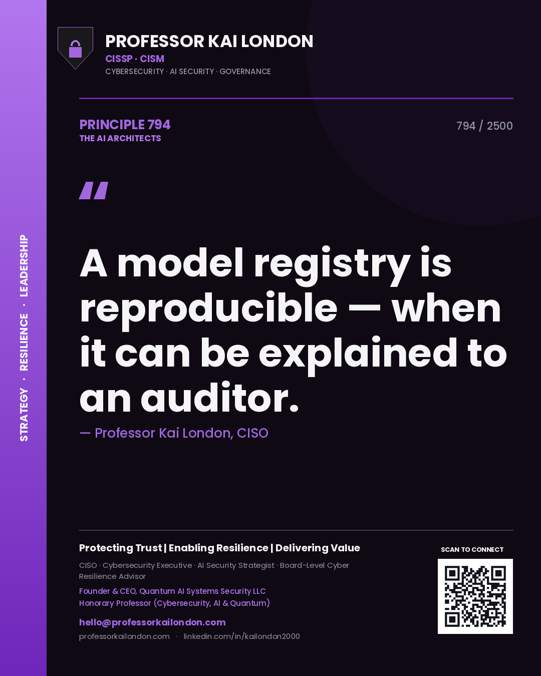 Professor Kai London principle 794: A model registry is reproducible — when it can be explained to an auditor.