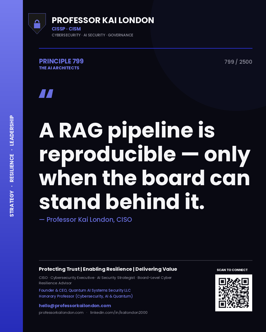 Professor Kai London principle 799: A RAG pipeline is reproducible — only when the board can stand behind it.