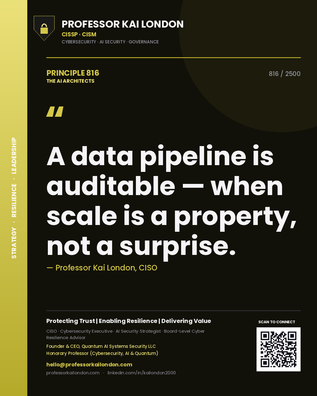 Professor Kai London principle 816: A data pipeline is auditable — when scale is a property, not a surprise.