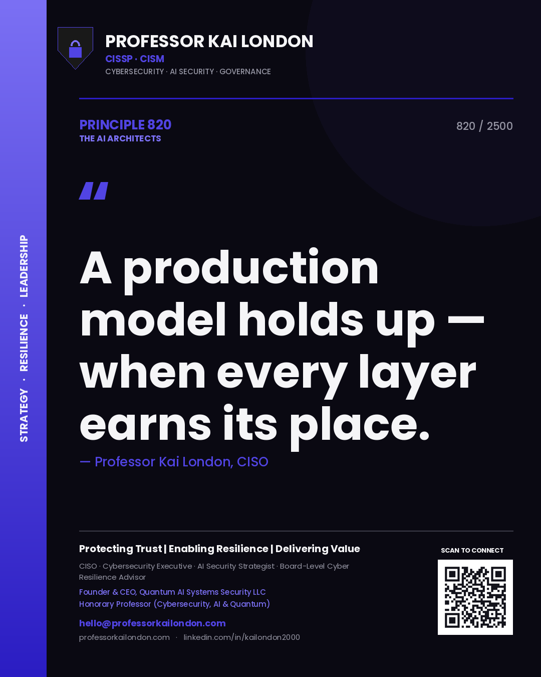 Professor Kai London principle 820: A production model holds up — when every layer earns its place.