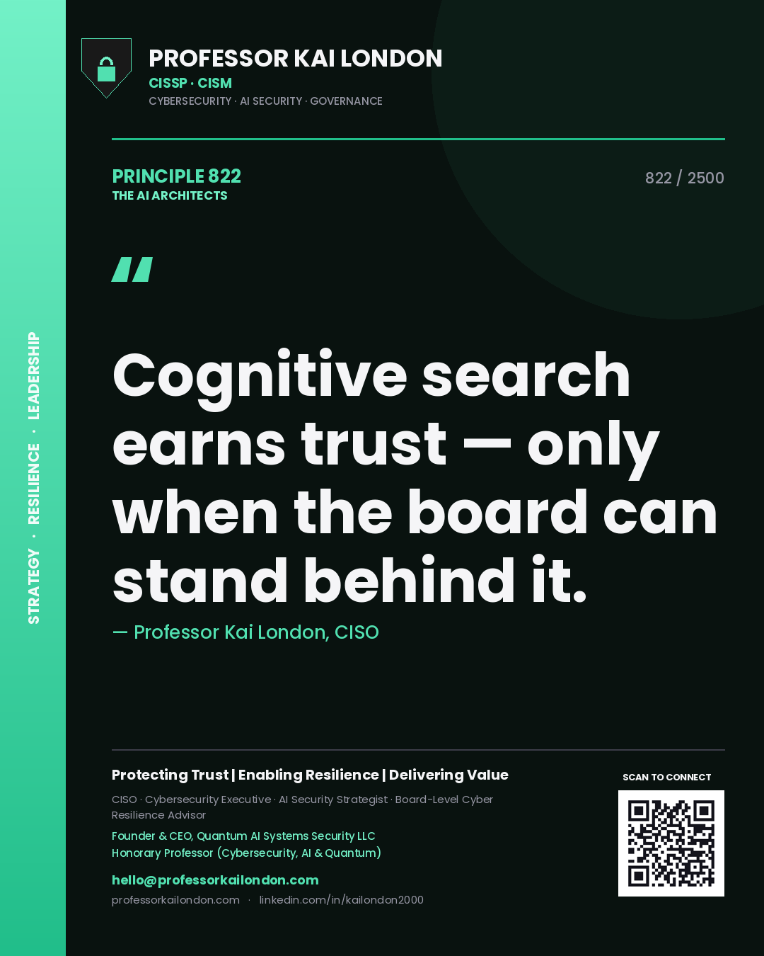 Professor Kai London principle 822: Cognitive search earns trust — only when the board can stand behind it.