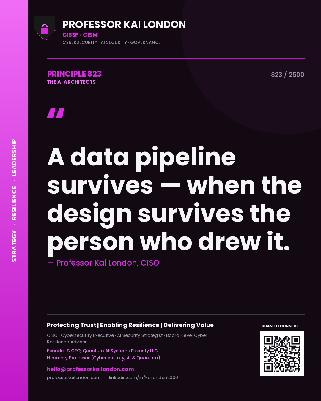 Professor Kai London principle 823: A data pipeline survives — when the design survives the person who drew it.