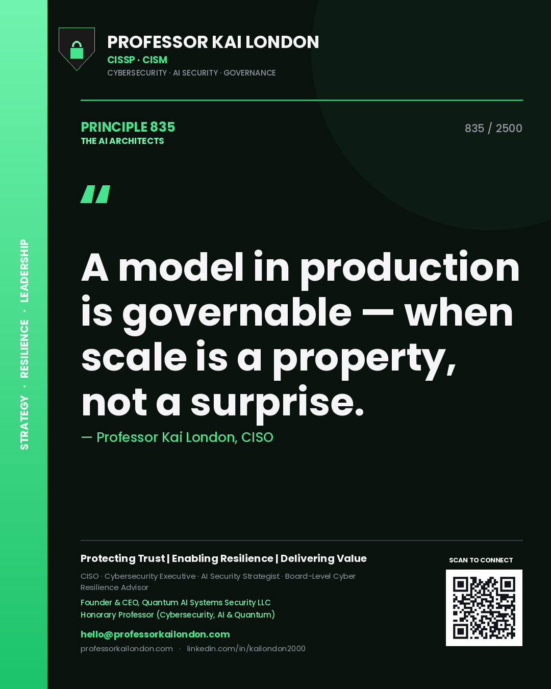 Professor Kai London principle 835: A model in production is governable — when scale is a property, not a surprise.