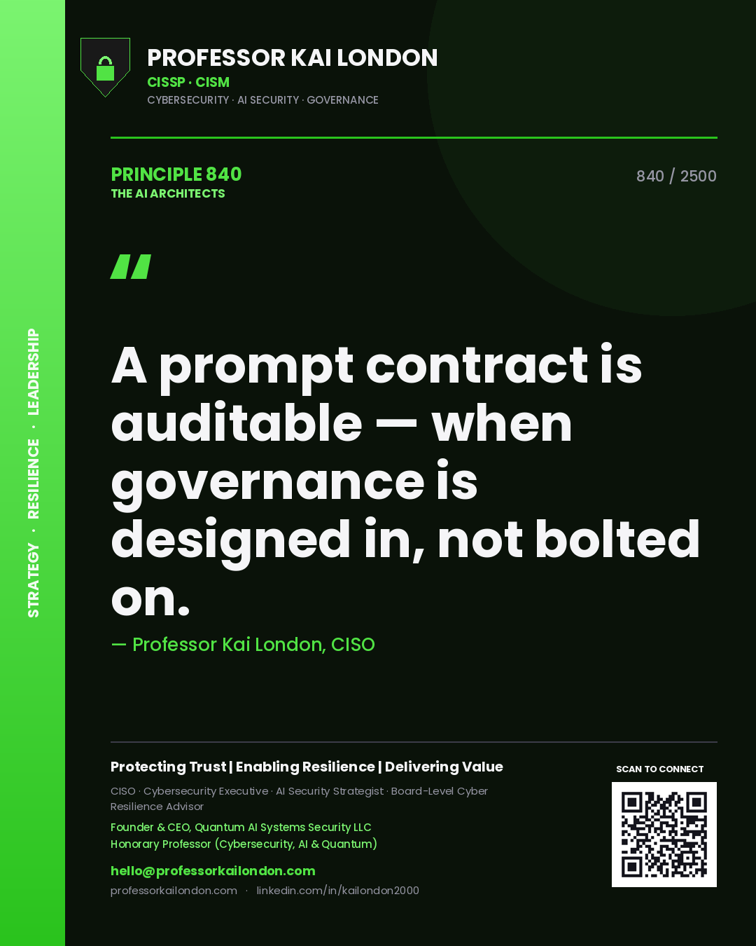 Professor Kai London principle 840: A prompt contract is auditable — when governance is designed in, not bolted on.