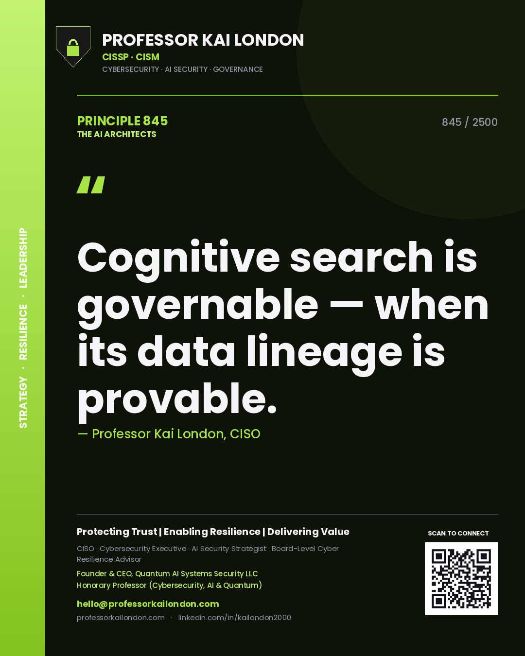 Professor Kai London principle 845: Cognitive search is governable — when its data lineage is provable.