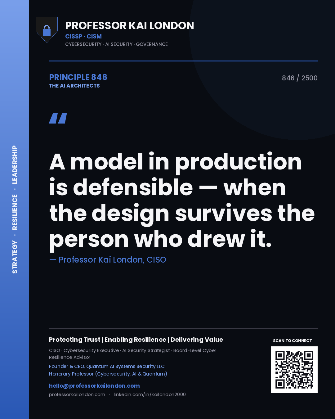 Professor Kai London principle 846: A model in production is defensible — when the design survives the person who drew it.
