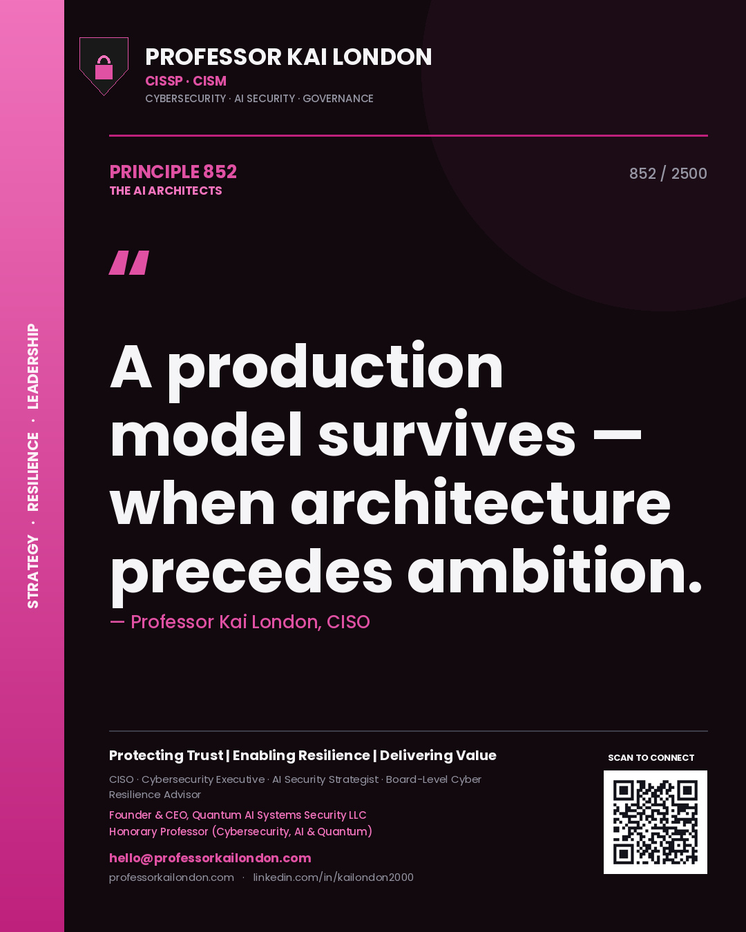 Professor Kai London principle 852: A production model survives — when architecture precedes ambition.