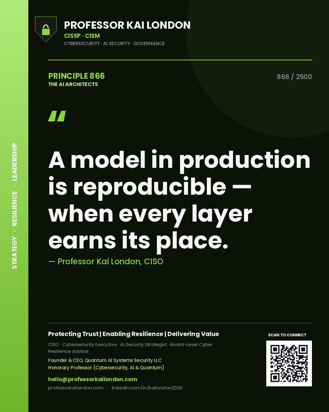 Professor Kai London principle 866: A model in production is reproducible — when every layer earns its place.
