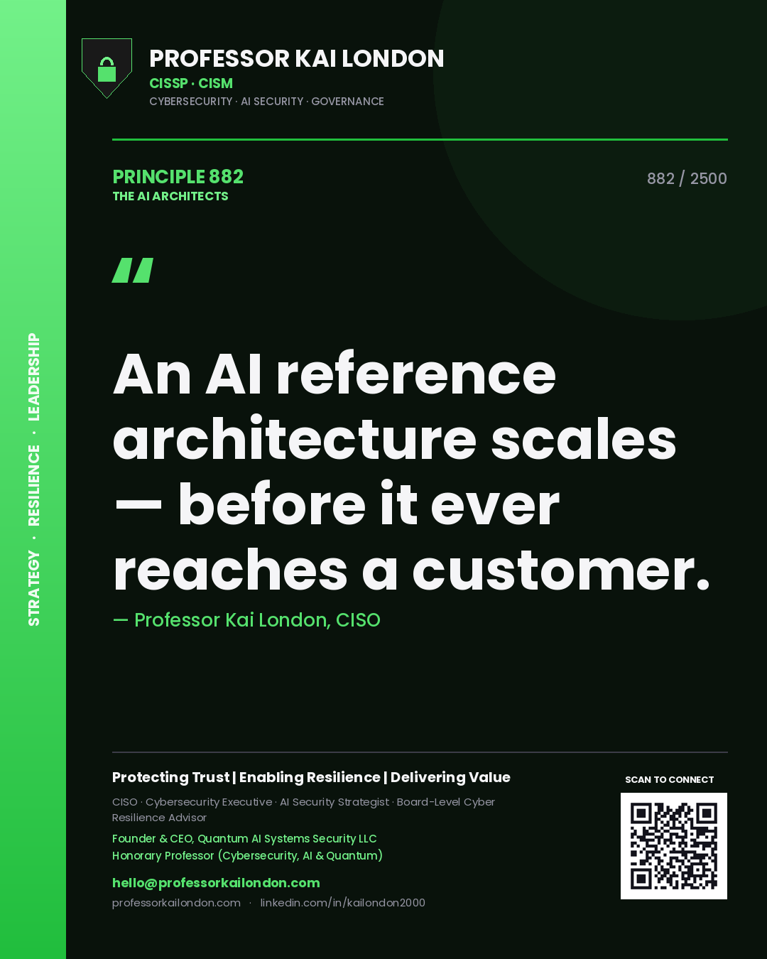 Professor Kai London principle 882: An AI reference architecture scales — before it ever reaches a customer.