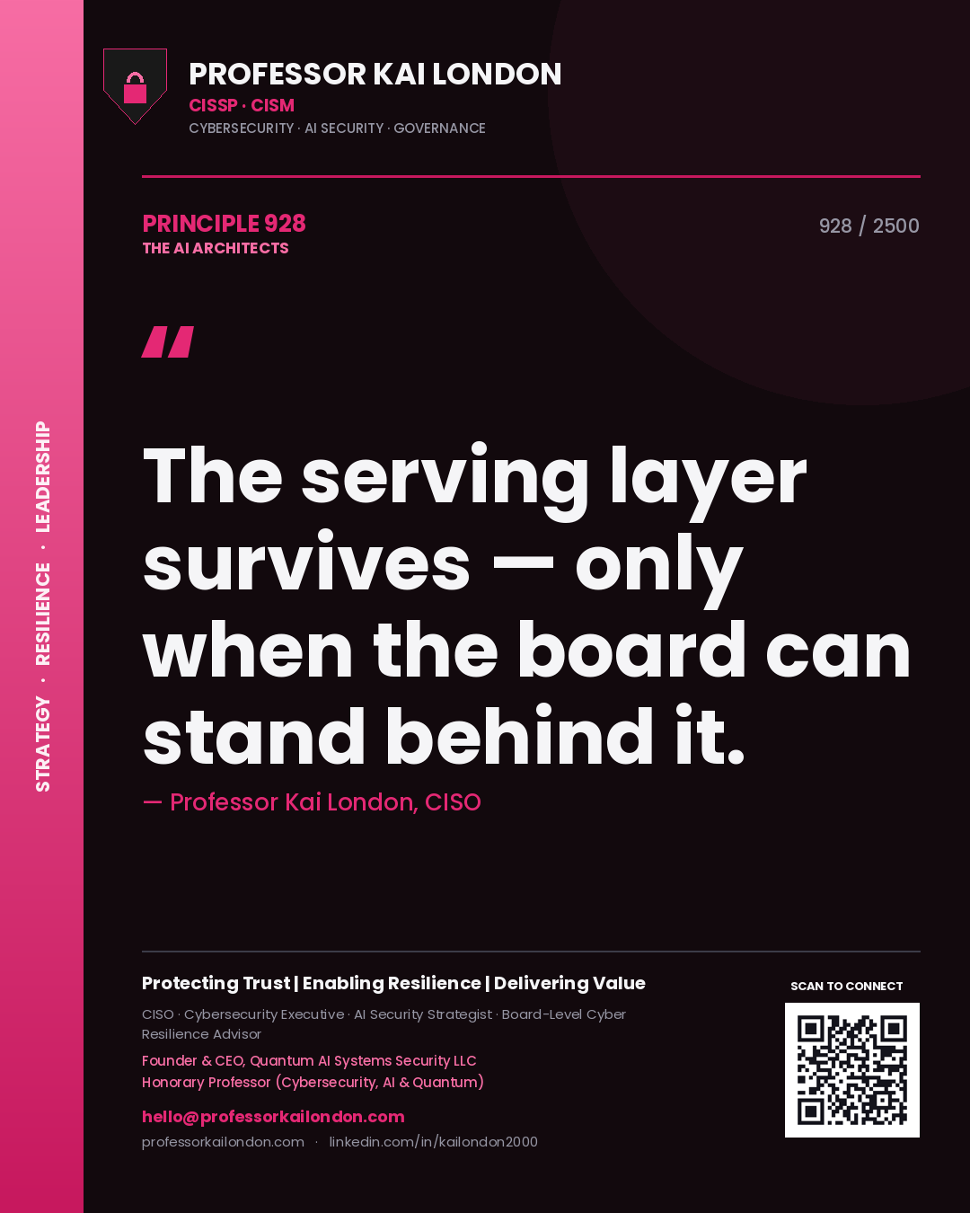 Professor Kai London principle 928: The serving layer survives — only when the board can stand behind it.