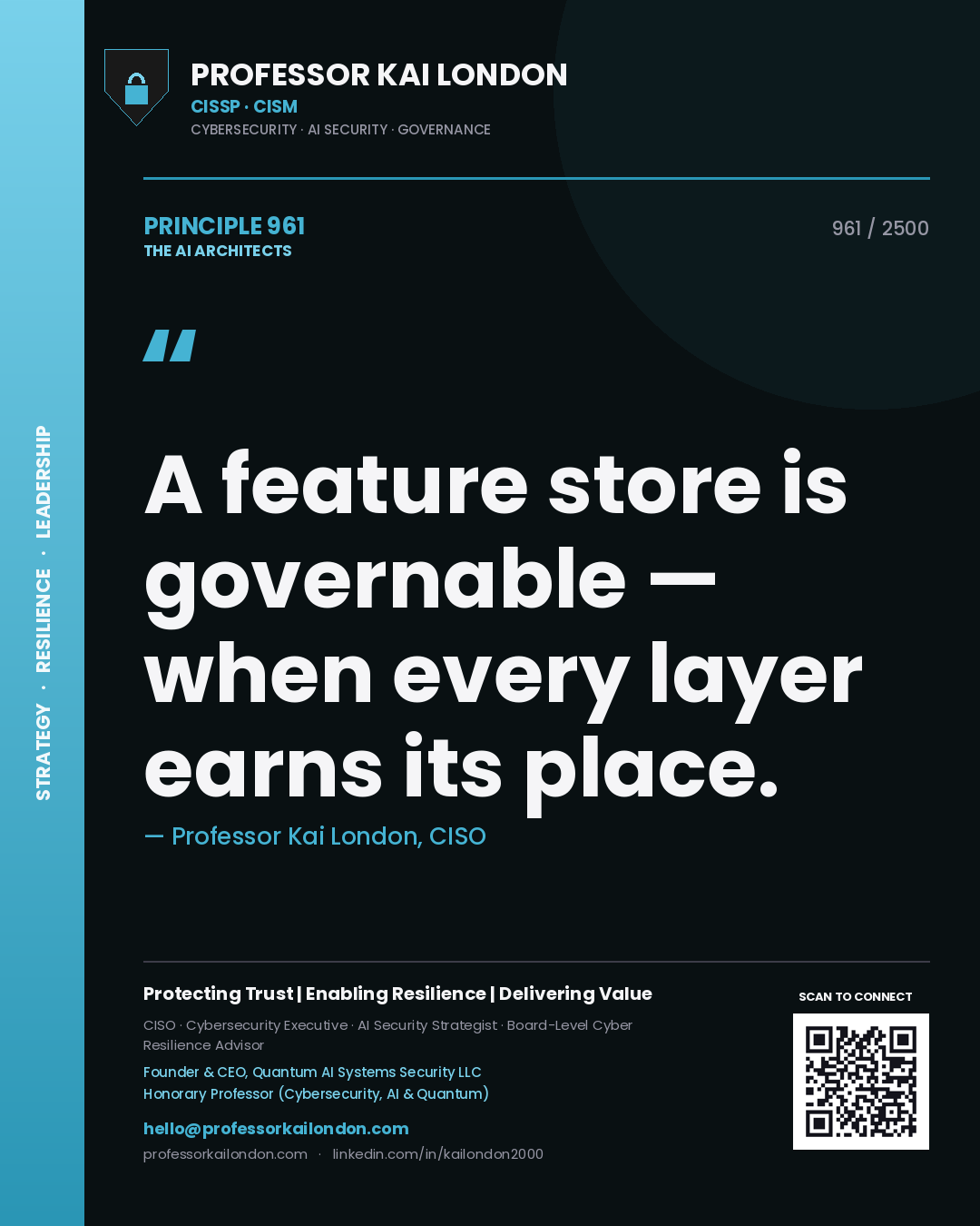 Professor Kai London principle 961: A feature store is governable — when every layer earns its place.