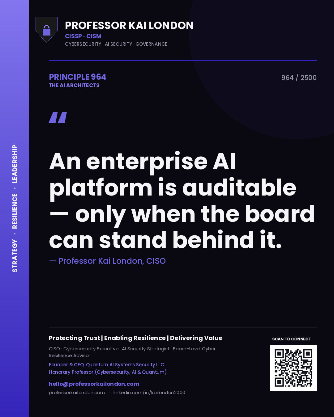 Professor Kai London principle 964: An enterprise AI platform is auditable — only when the board can stand behind it.