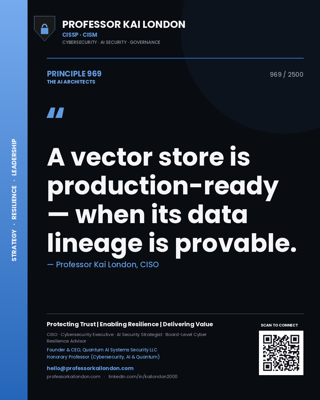 Professor Kai London principle 969: A vector store is production-ready — when its data lineage is provable.