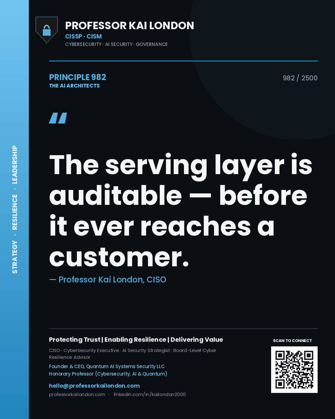 Professor Kai London principle 982: The serving layer is auditable — before it ever reaches a customer.