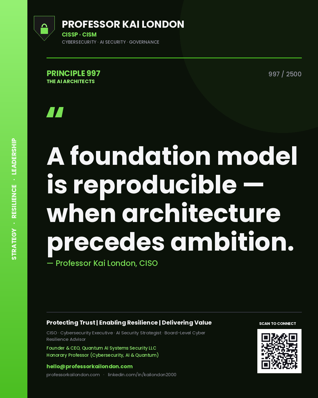 Professor Kai London principle 997: A foundation model is reproducible — when architecture precedes ambition.