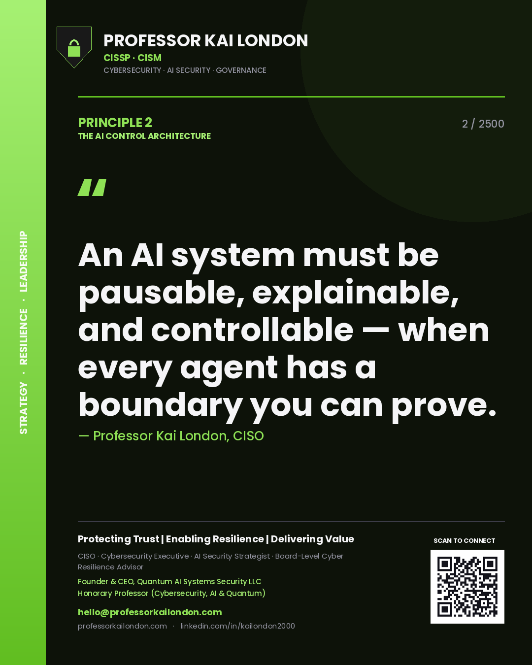 Professor Kai London principle 2: An AI system must be pausable, explainable, and controllable — when every agent has a boundary you can prove.