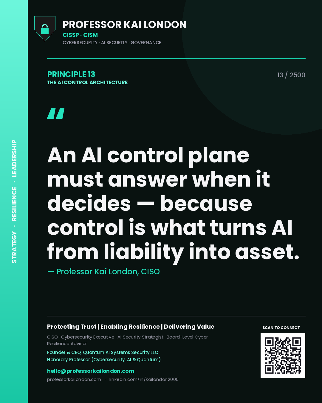 Quote card by Professor Kai London reading 'An AI control plane must answer when it decides — because control is what turns AI from liability into asset.'. From the book The AI Control Architecture.