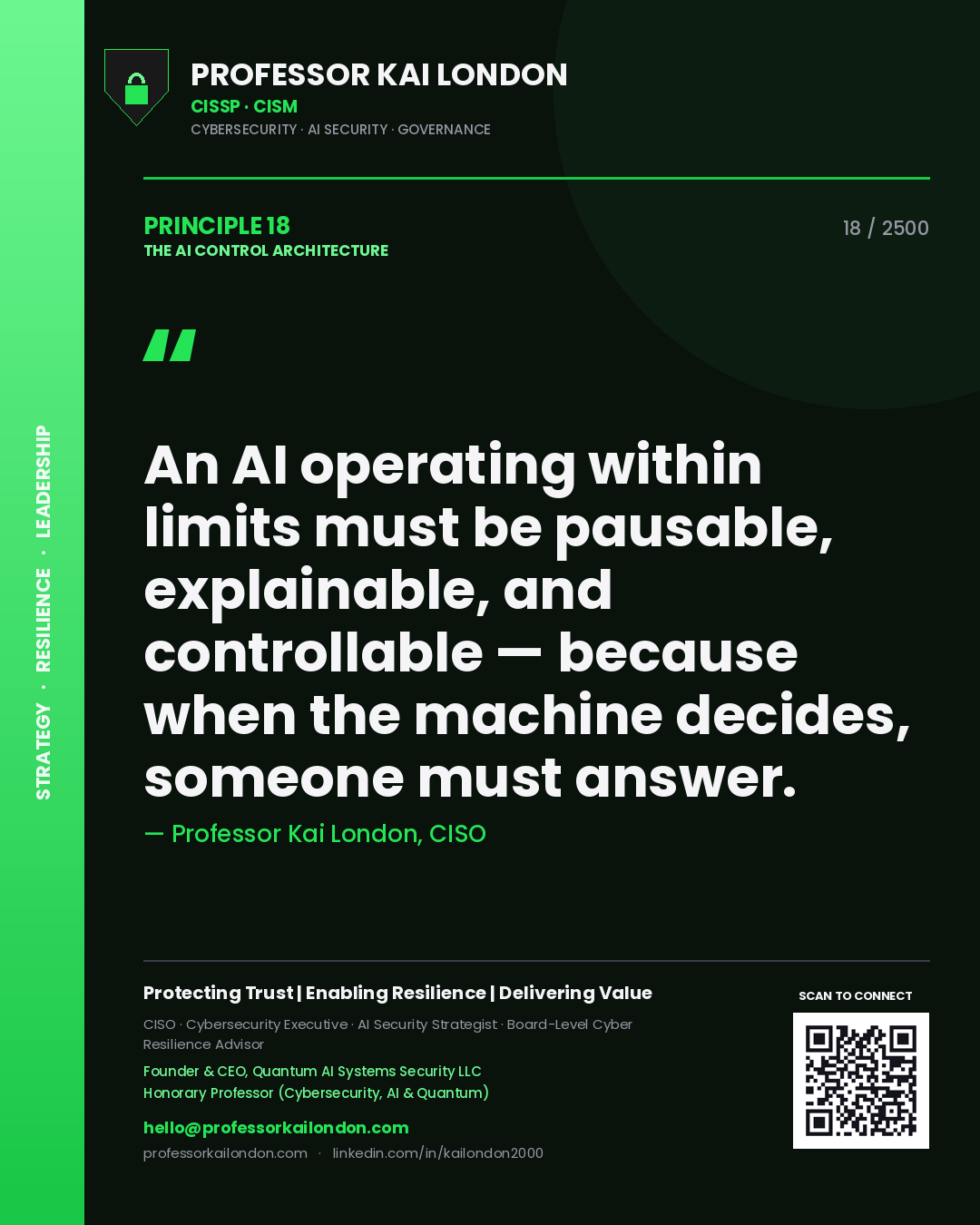 Quote card by Professor Kai London reading 'An AI operating within limits must be pausable, explainable, and controllable — because when the machine decides, someone must answer.'. From the book The AI Control Architecture.