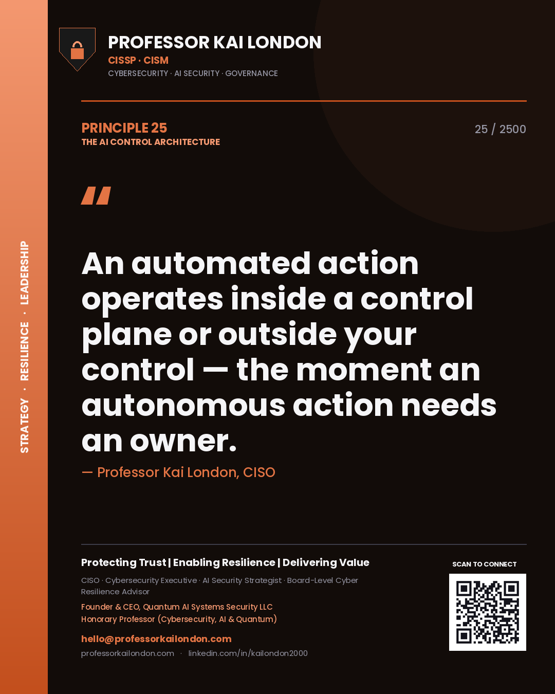 Quote card by Professor Kai London reading 'An automated action operates inside a control plane or outside your control — the moment an autonomous action needs an owner.'. From the book The AI Control Architecture.
