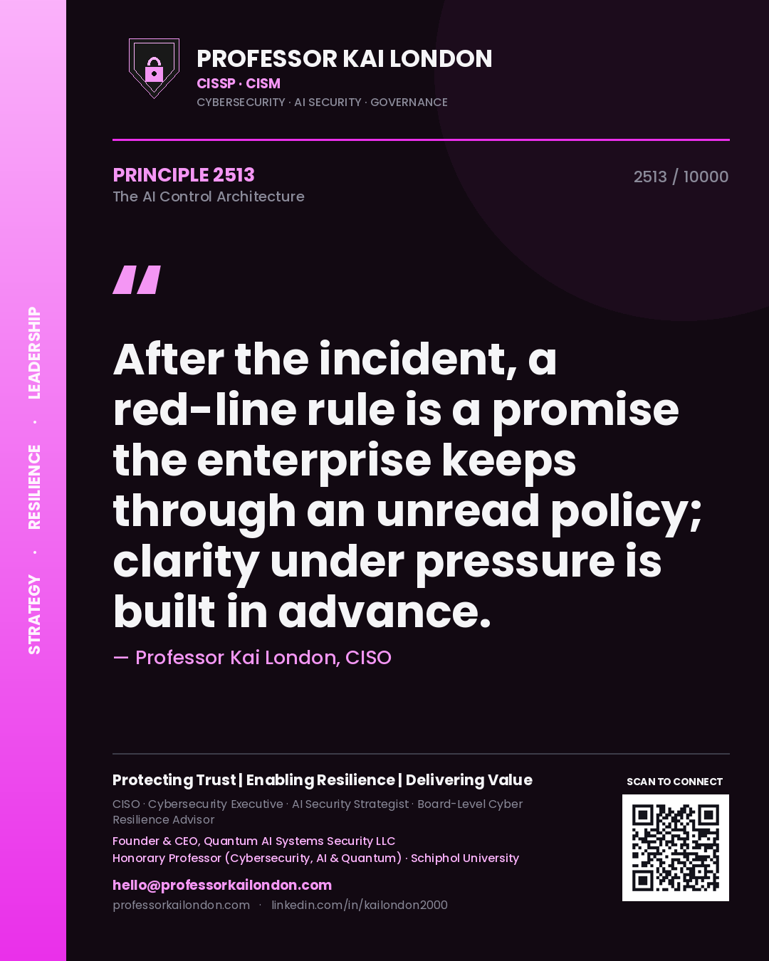 Quote card by Professor Kai London reading 'After the incident, a red-line rule is a promise the enterprise keeps through an unread policy; clarity under pressure is built in advance.'. From the book The AI Control Architecture.