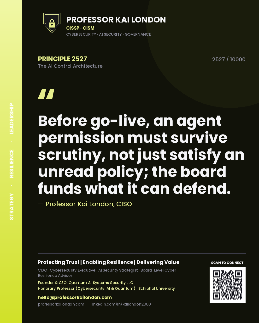 Professor Kai London principle 2527: Before go-live, an agent permission must survive scrutiny, not just satisfy an unread policy; the board funds what it can defend.