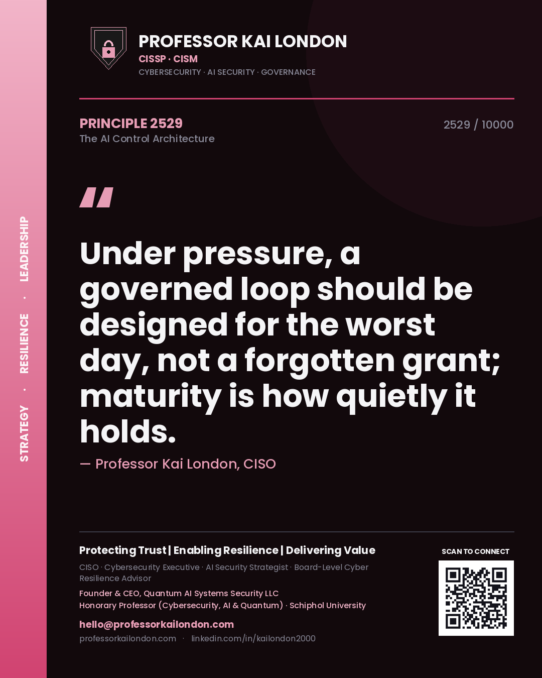 Quote card by Professor Kai London reading 'Under pressure, a governed loop should be designed for the worst day, not a forgotten grant; maturity is how quietly it holds.'. From the book The AI Control Architecture.