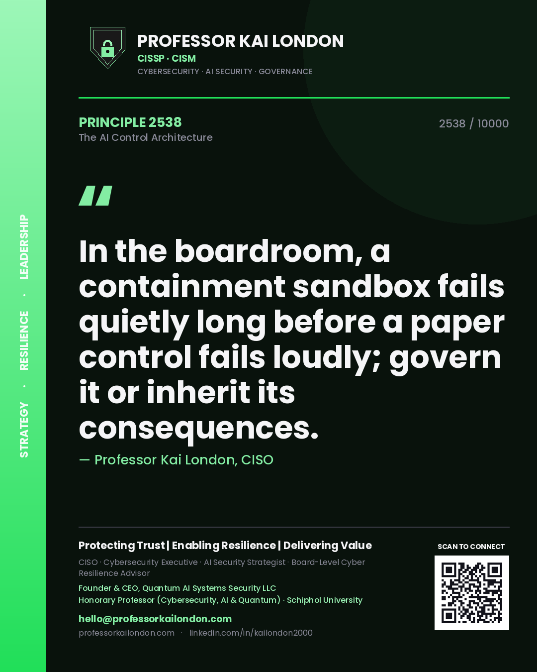 Professor Kai London principle 2538: In the boardroom, a containment sandbox fails quietly long before a paper control fails loudly; govern it or inherit its consequences.