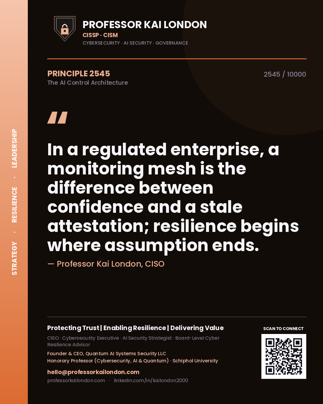 Quote card by Professor Kai London reading 'In a regulated enterprise, a monitoring mesh is the difference between confidence and a stale attestation; resilience begins where assumption ends.'. From the book The AI Control Architecture.